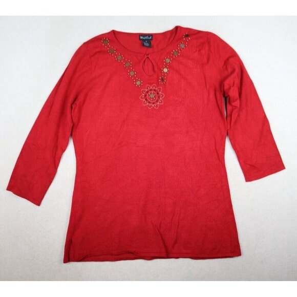 WEST END - WOMEN'S RED 3/4 SLEEVE BEADED PULLOVER SWEATER - SIZE M - Picture 2 of 9